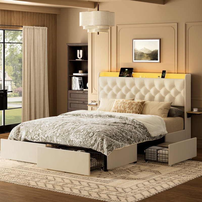 Storage Bed Beige Integrated LED Tufted Headboard Modern Drawers