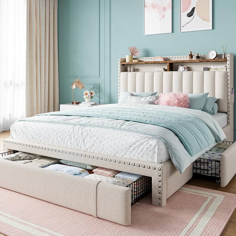 Storage Bed Beige Linen Channel Tufted Headboard Shelf Nailhead Trim