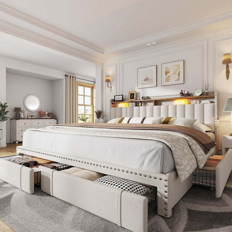Storage Bed Beige Upholstered Channel Tufted with Integrated Lighting