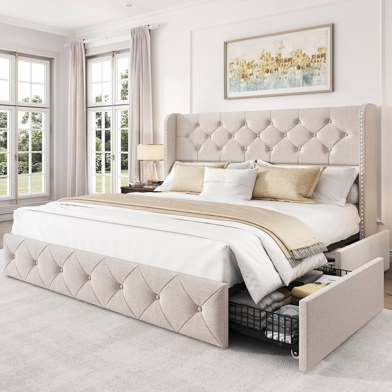 Storage Bed Beige Wingback Headboard Tufted Linen Bed With Drawers