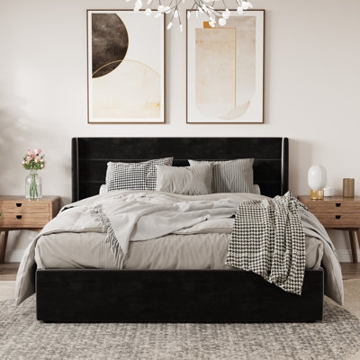 Storage Bed Black Hydraulic Lift with Channel Tufting Modern