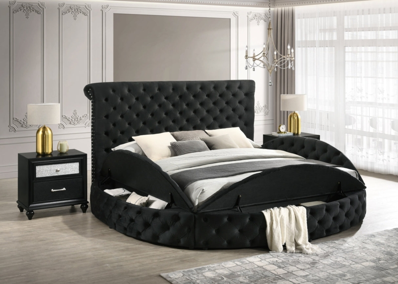 Storage Bed Black King Lift Up Compartments Wingback Tufted