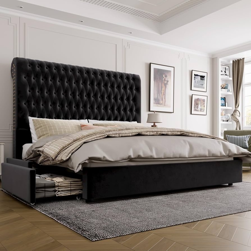 Storage Bed Black Velvet Extra Tall Tufted Headboard with Drawers