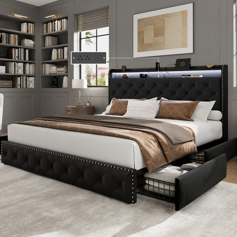 Storage Bed Black Velvet-like Upholstery with Diamond Tufting