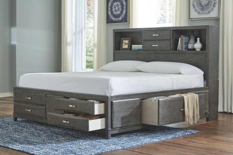 Storage Bed Bookcase Headboard Charcoal Gray Finish Eight Drawers