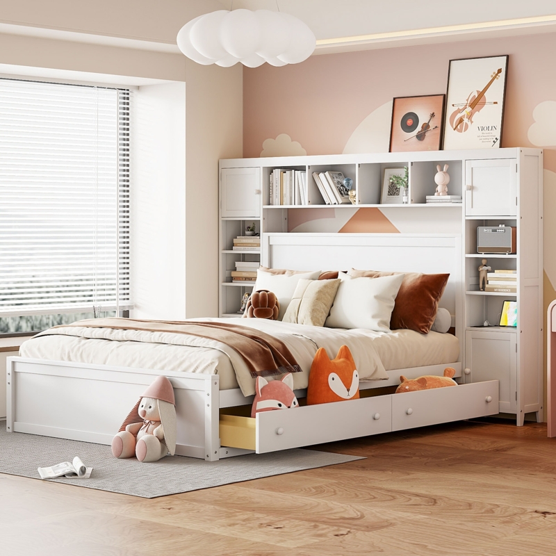 Storage Bed Bookcase Headboard Four Cabinets Multifunctional Furniture