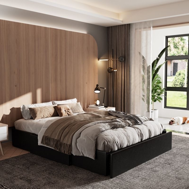 Storage Bed Charcoal Black Upholstered Low Profile Platform Modern