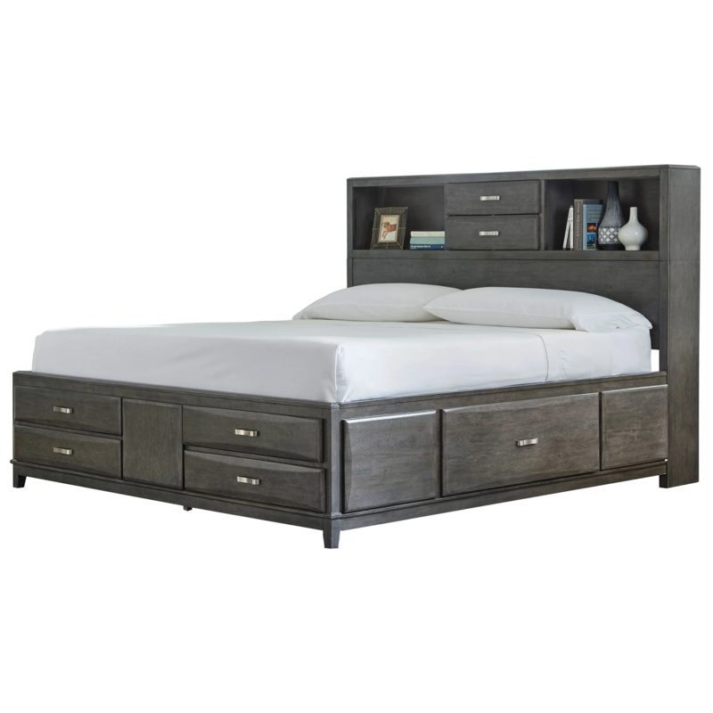 Storage Bed Charcoal Finish with Open Shelving and Bar Pulls
