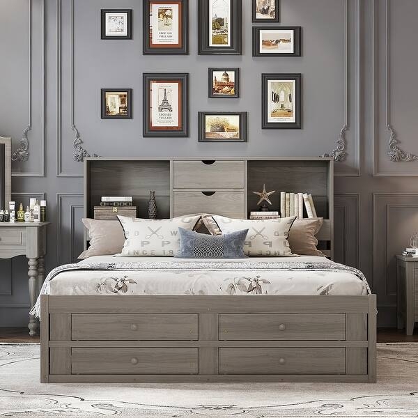 Storage Bed Charcoal Gray Captains Frame with Bookcase Headboard