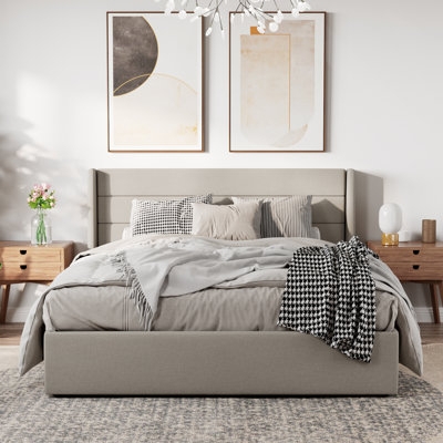 Storage Bed: Charcoal Upholstered Hydraulic Lift, Modern Wingback Design