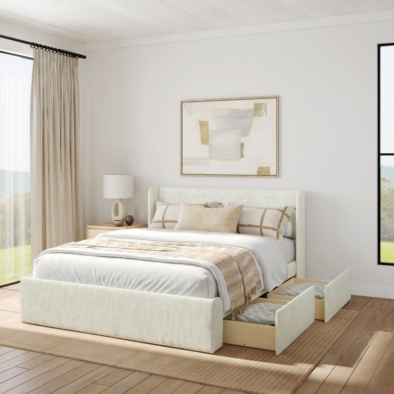 Storage Bed, Cream Upholstered Wingback, Underbed Drawers