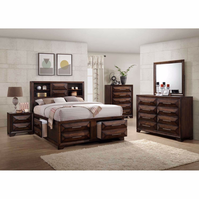 Storage Bed Dark Brown Wood with Faceted Geometric Drawer Fronts