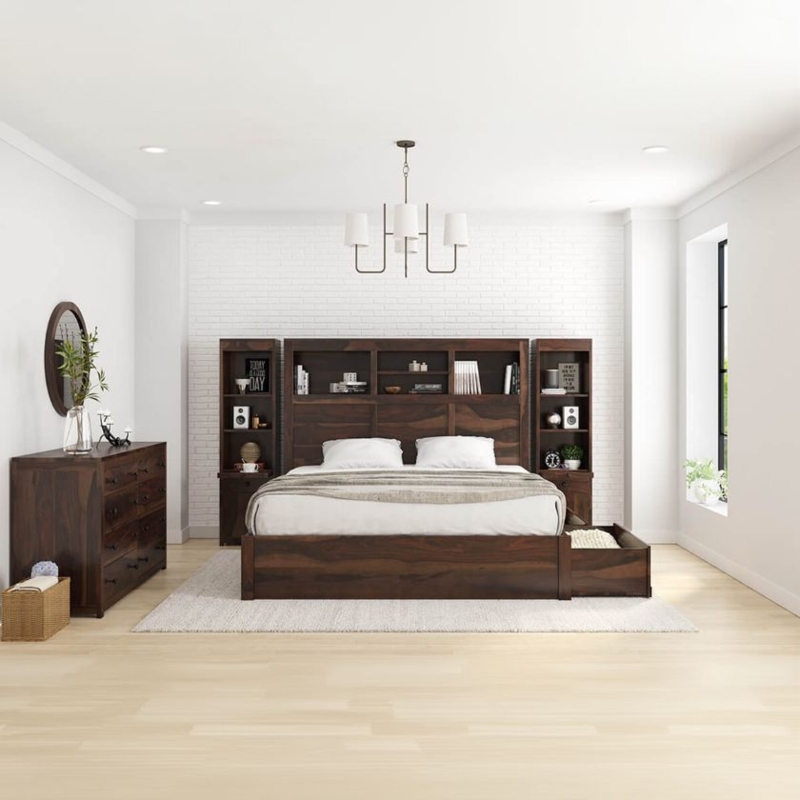 Storage Bed Dark Wood Platform Bookcase Headboard Integrated Shelving