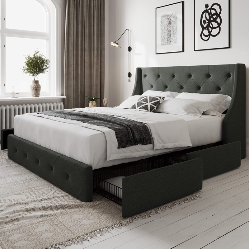 Storage Bed, Diamond Tufted Wingback, Dark Grey Upholstery