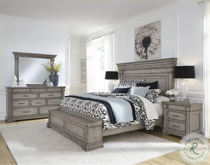 Storage Bed: Distressed Grey Wash Wood with Panel Headboard