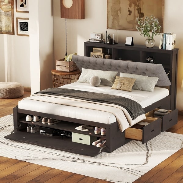 Storage Bed Espresso Brown Bookcase Headboard Flip Down Shoe Rack