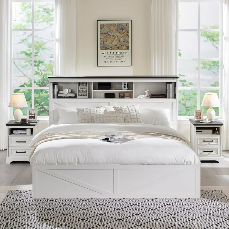 Storage Bed Farmhouse King with Bookcase Headboard and Cross-Brace