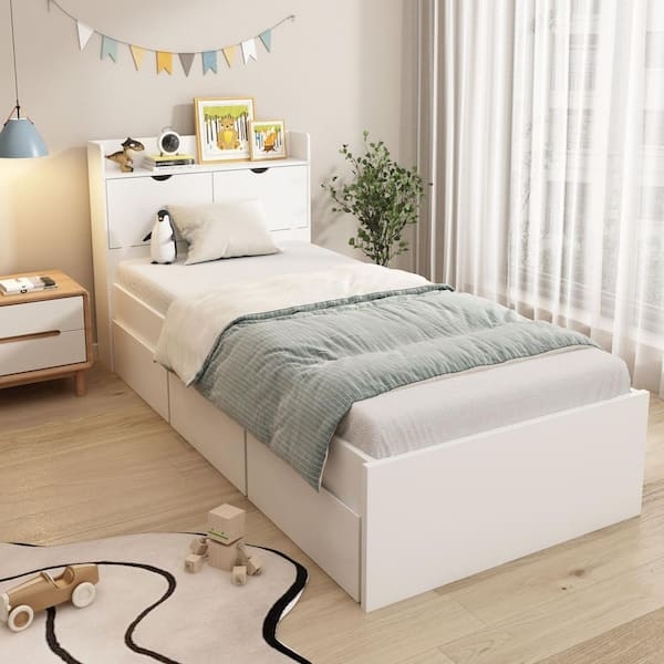 Storage Bed featuring Bookcase Headboard and Three Drawers