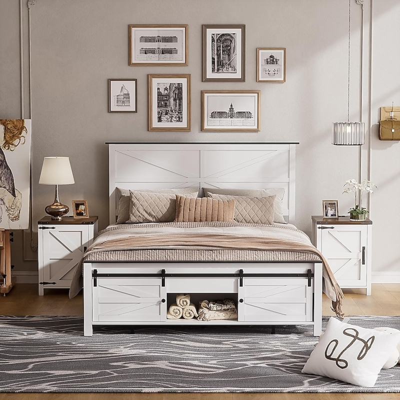 Storage Bed featuring Sliding Barn Doors in Farmhouse Style