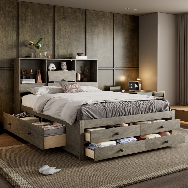 Storage Bed featuring Weathered Gray Finish and Bookcase Headboard