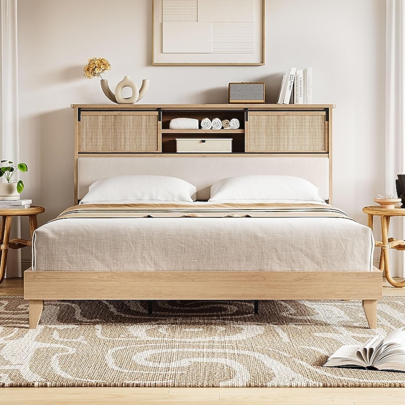 Storage Bed Frame with Boho Sliding Door Headboard and Rattan Texture.