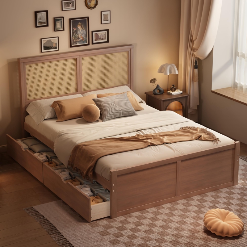 Storage Bed Frame with Four Drawers, Rattan Headboard, Antique Espresso.