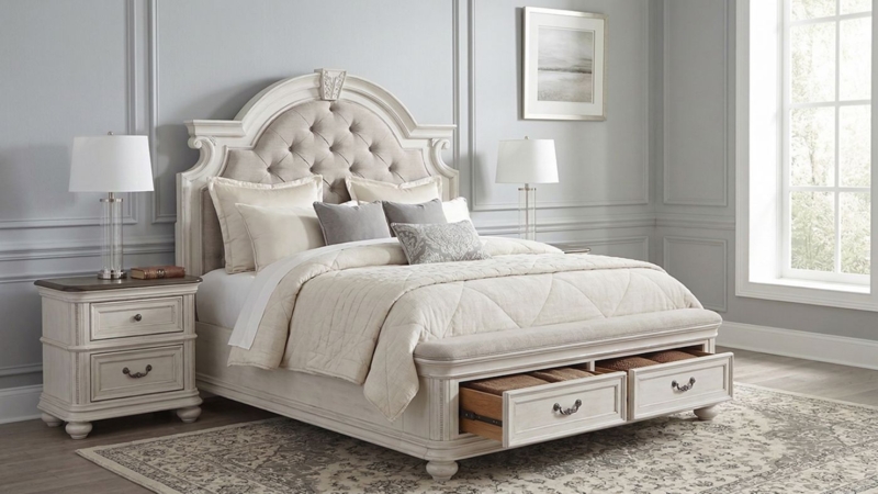Storage Bed French Country King with Arched Button-Tufted Headboard