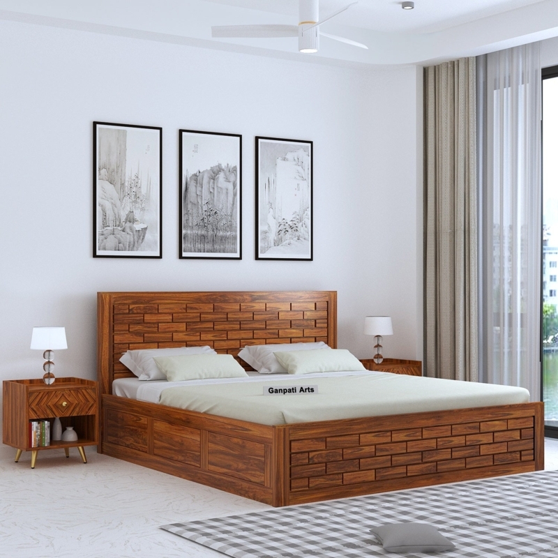 Storage Bed Geometric Brick Pattern Headboard Honey Oak Box Base