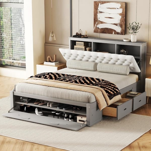 Storage Bed Gray Wood Tufted Headboard Integrated Shoe Rack Drawers