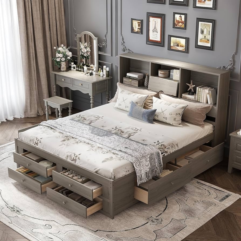 Storage Bed Grey Bookshelf Headboard with Eight Drawers