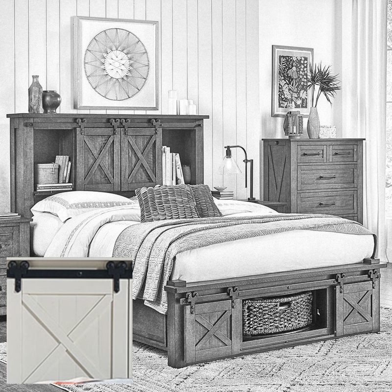 Storage Bed Grey Rustic King with Sliding Barn Doors and X-Brace Design