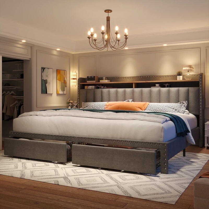 Storage Bed Grey Wingback Channel Tufted Headboard Shelving Nailhead