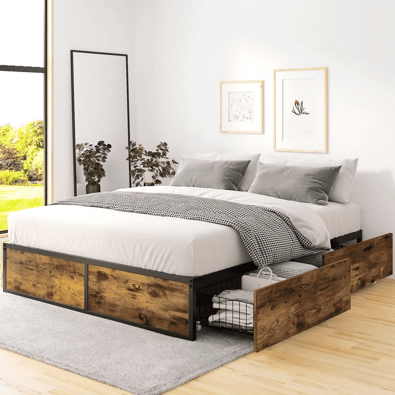 Storage Bed Industrial Wire Basket Drawers Wood Toned Finish