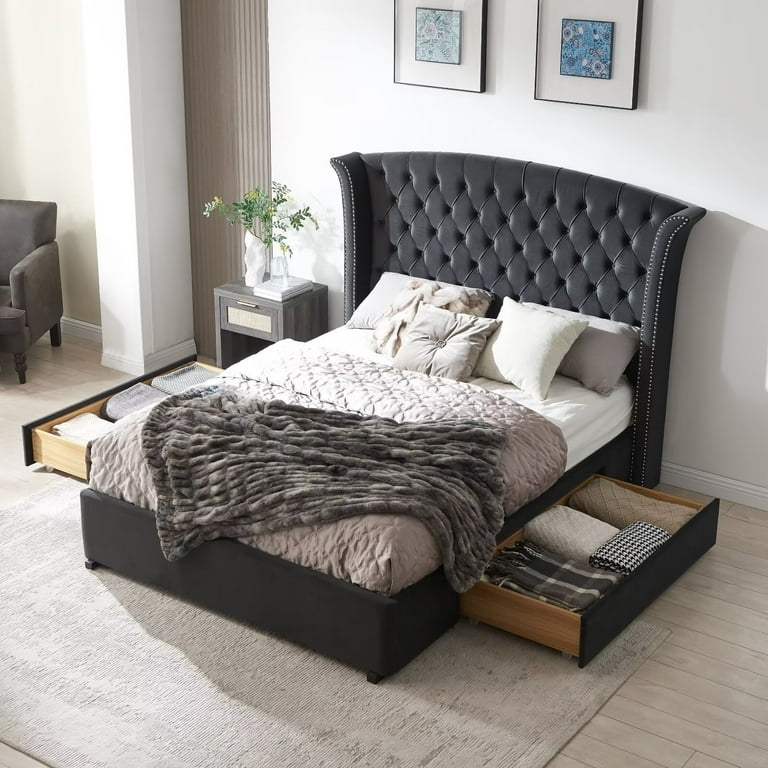 Storage Bed Ink Blue Velvet Wingback Headboard with Drawers