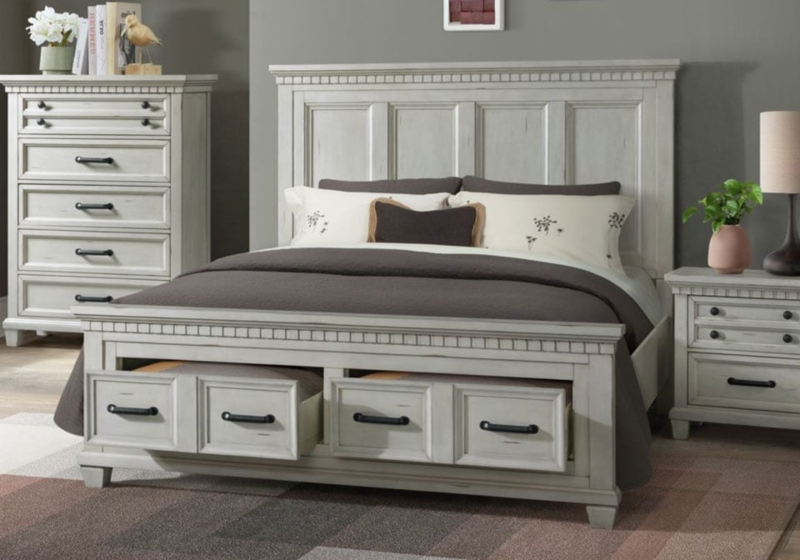 Storage Bed King Antique Finish with Dentil Molding and Bin Pulls