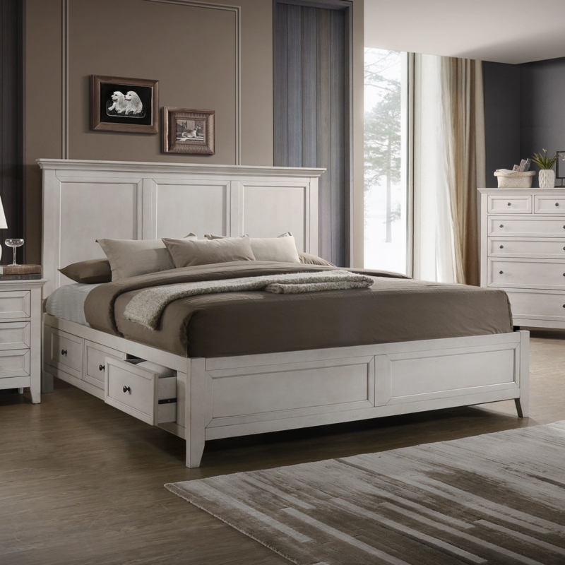 Storage Bed King Rustic Finish with Recessed Paneled Headboard