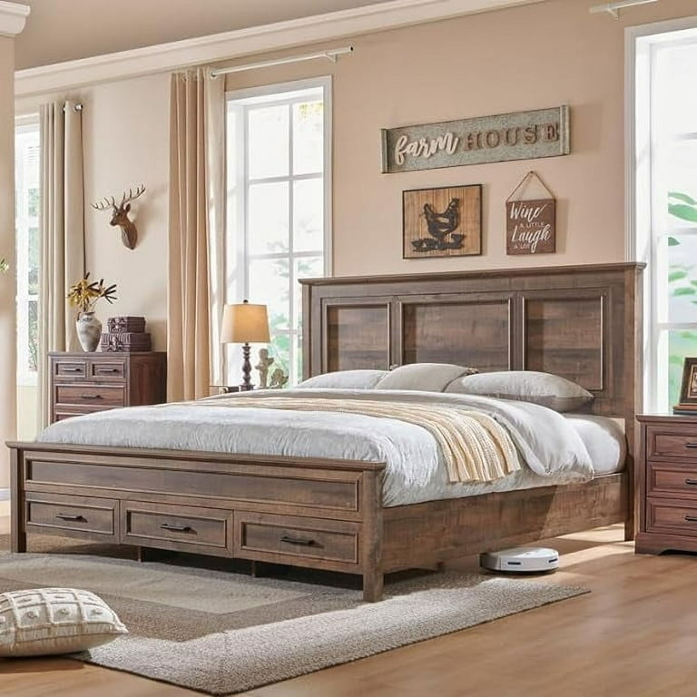 Storage Bed King Size Three Paneled Headboard Footboard Drawers