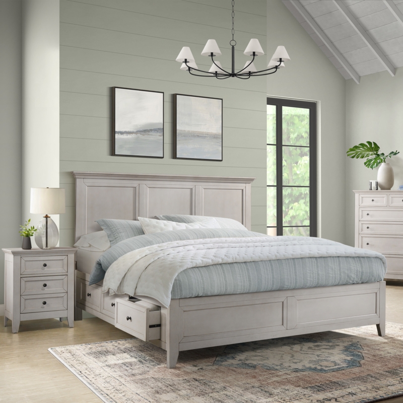 Storage Bed King White Washed Finish with Paneled Headboard Drawers