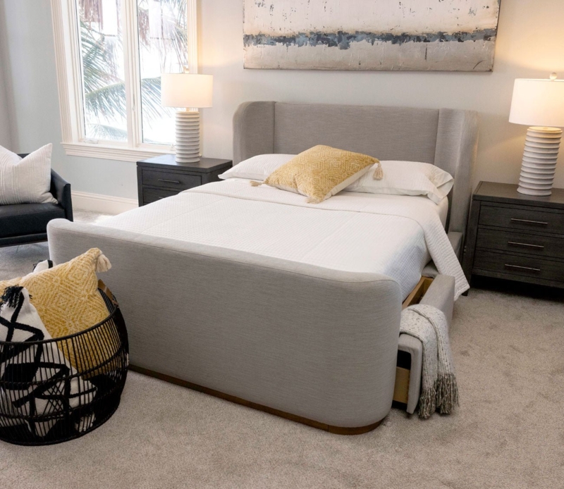 Storage Bed Light Gray Wingback Curved Footboard Drawer Boucle