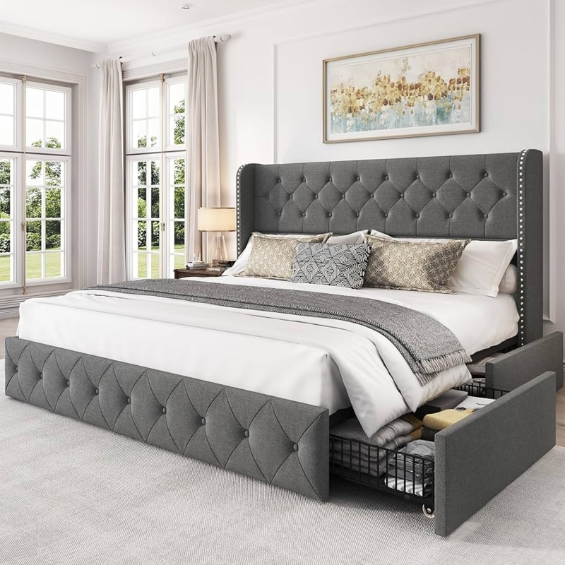 Storage Bed Light Grey Wingback Upholstered Bed With Drawers