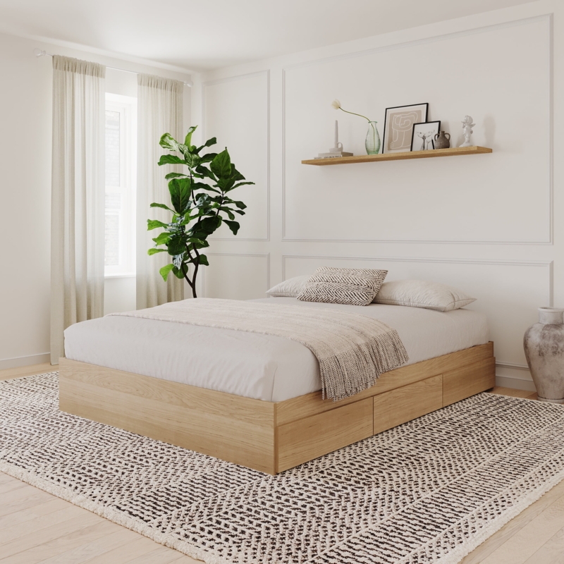 Storage Bed Light Wood Scandinavian Minimalist Handleless Drawers