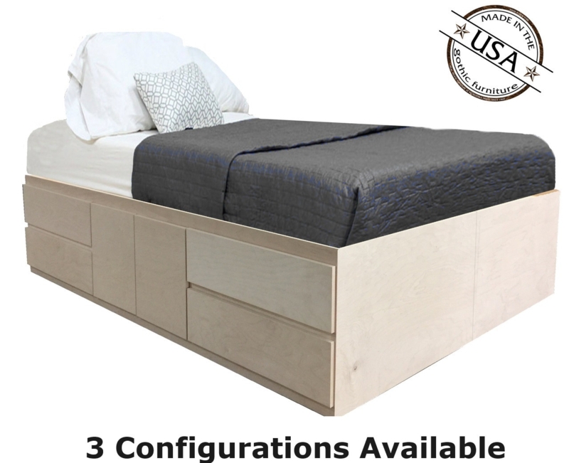 Storage Bed, Light Wood with Integrated Side Drawers