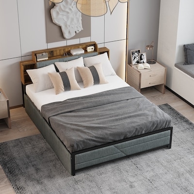 Storage Bed Light Wood with Slatted Headboard & Integrated Drawers