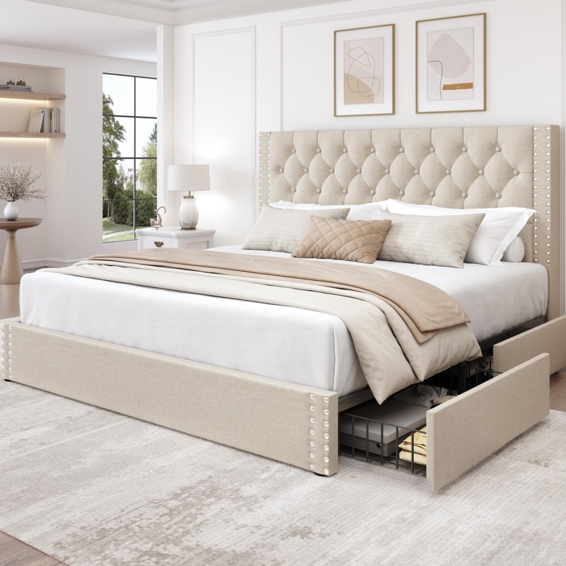 Storage Bed Linen Nailhead Trim Diamond Tufted Wingback Frame