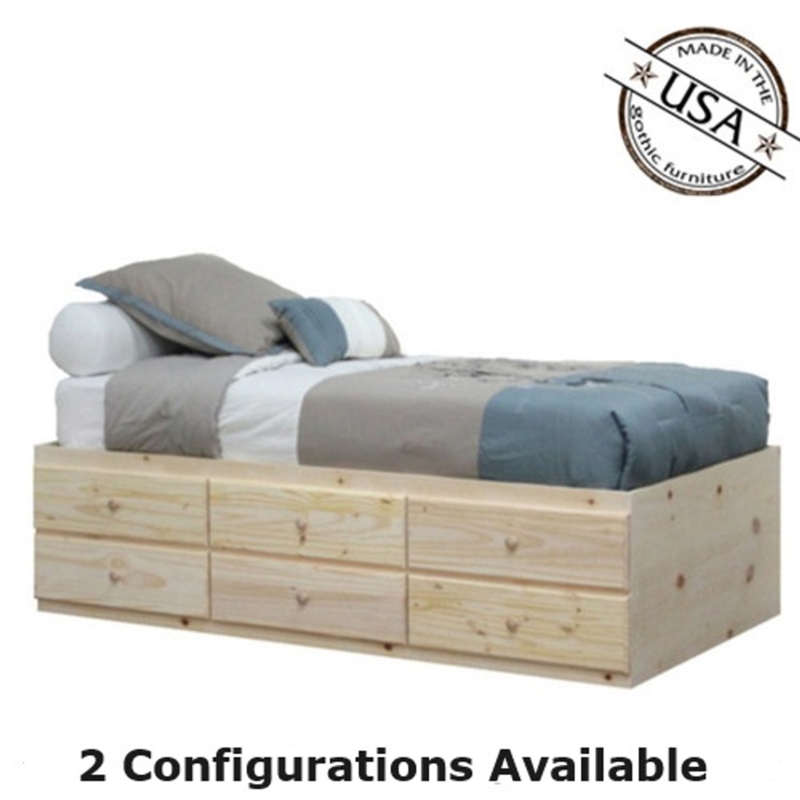 Storage Bed made of Natural Pine Wood with Six Drawers and Knob Pulls