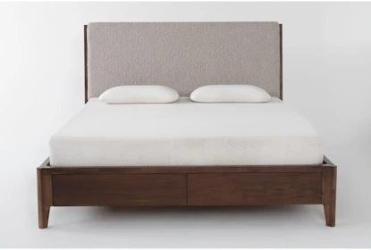 Storage Bed Mid-Century Wood Upholstered Headboard Tapered Legs