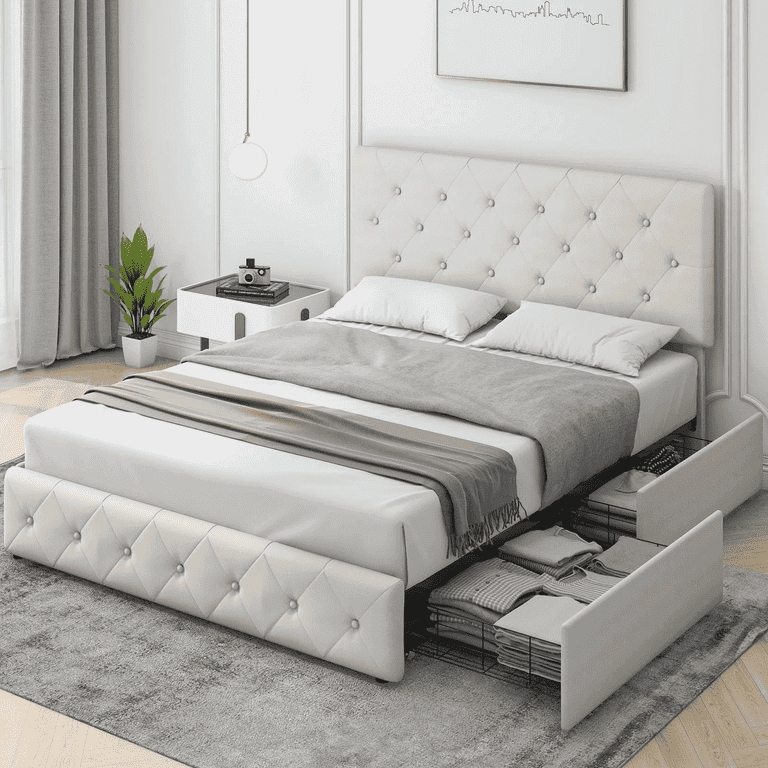 Storage Bed Off-White Diamond Tufted Headboard Platform Base Drawers