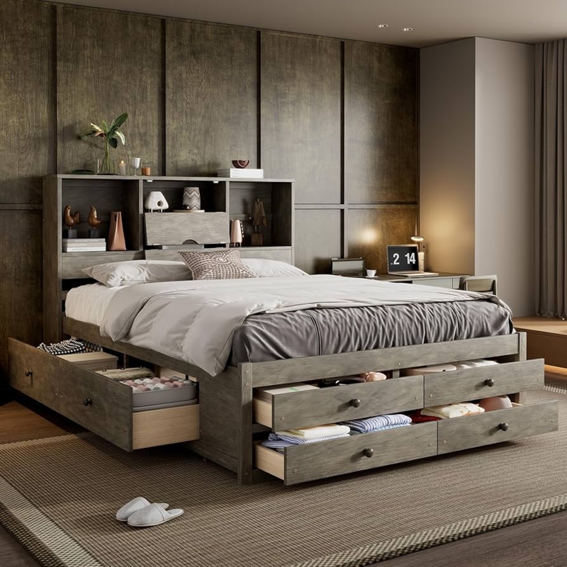 Storage Bed Queen Captain's Frame with 8 Drawers Weathered Grey Finish
