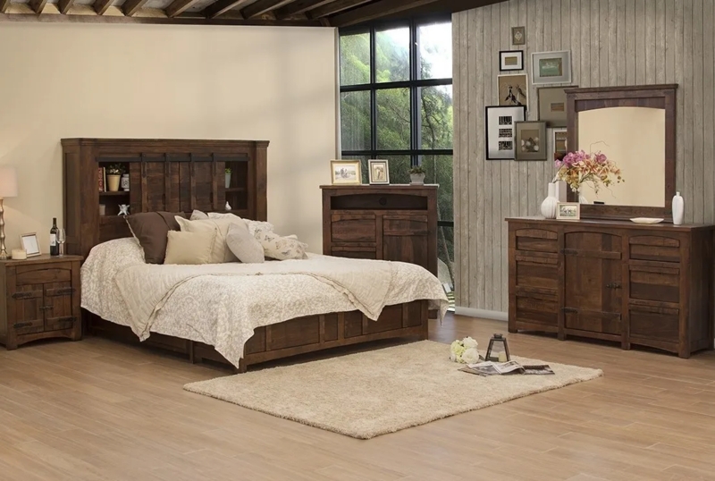 Storage Bed Rustic Farmhouse with Sliding Door Accents Dark Wood