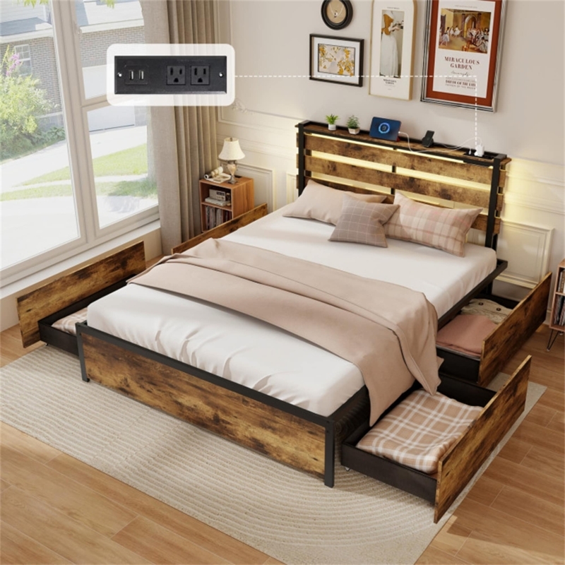 Storage Bed Rustic Industrial LED Headboard Integrated Charging Station